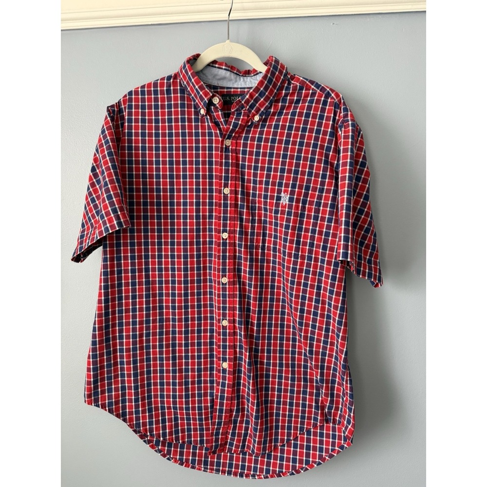 US‎ Polo Assn Button Down Shirt Men Size L Blue Red Plaid Embroidered Pocket